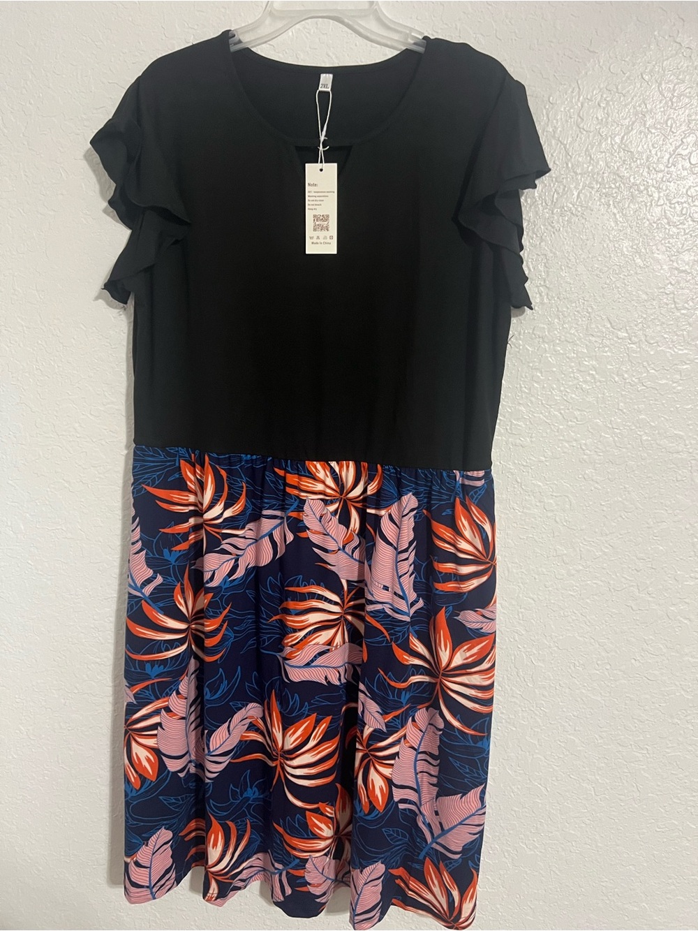 NWT Wneedu Women Black Floral Ruffle Sleeve Midi Dress Stretch Size 2XL #776